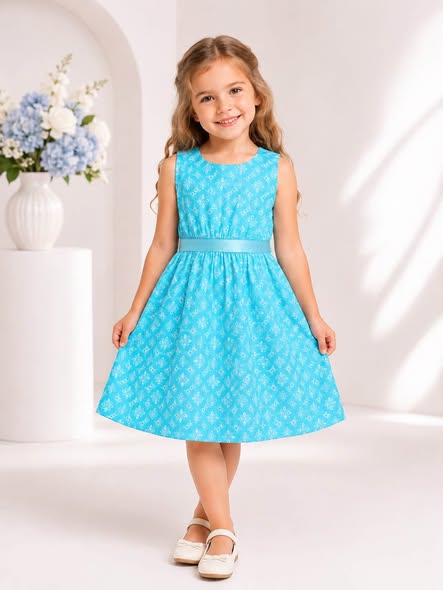 Sky Blue Floral Girls Party Dress